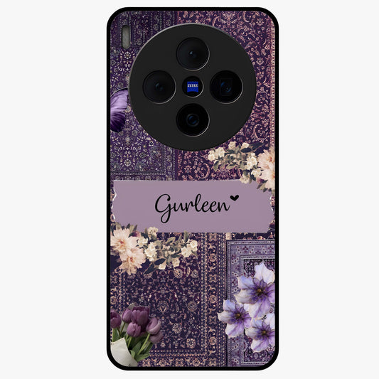 Antique Floral Whisper Custom Name Glass Case showing flat back view with vintage floral artwork and personalized name design.