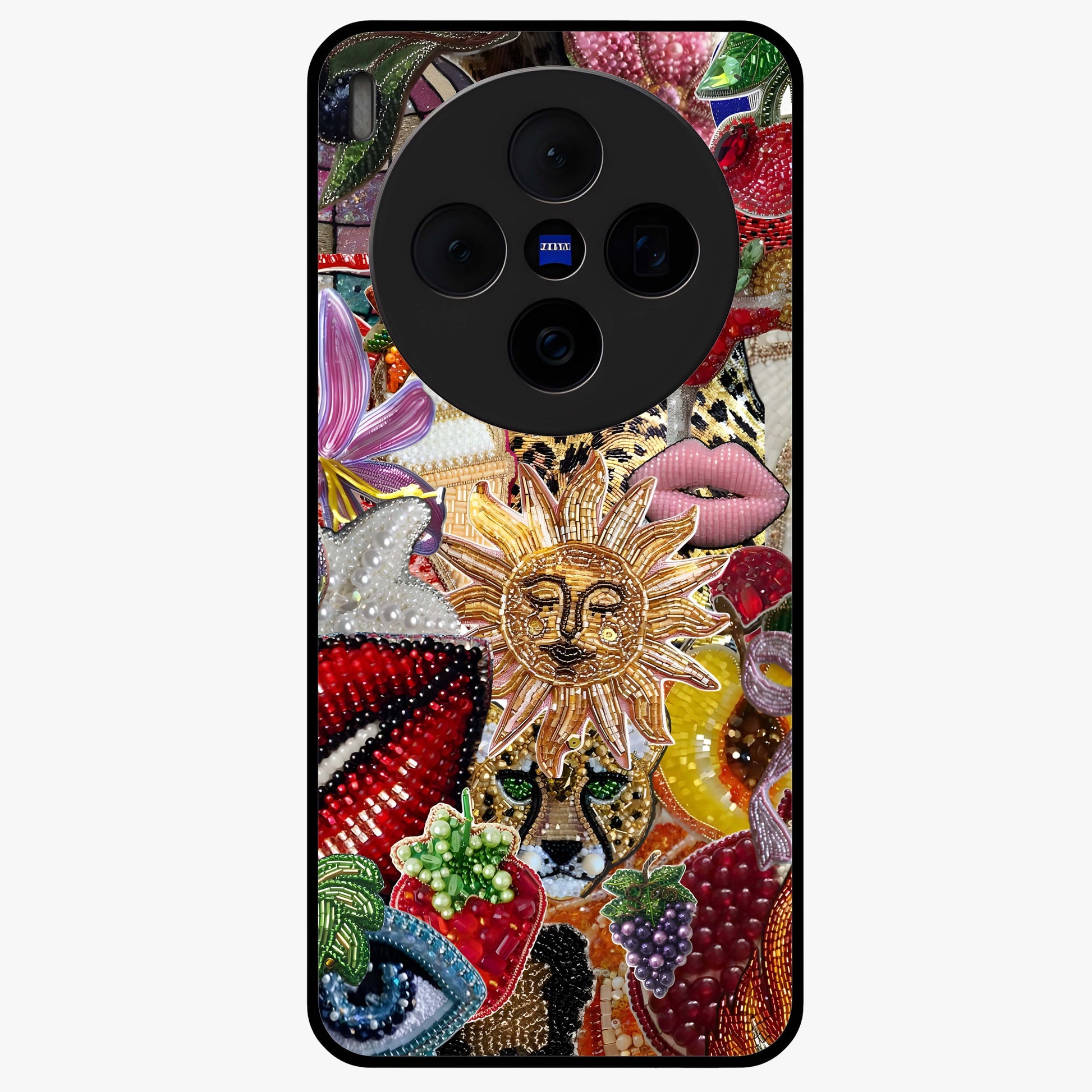 Beaded Fashion Jungle Glass Case showing flat back view with vibrant jungle inspired bead artwork and glossy glass finish.