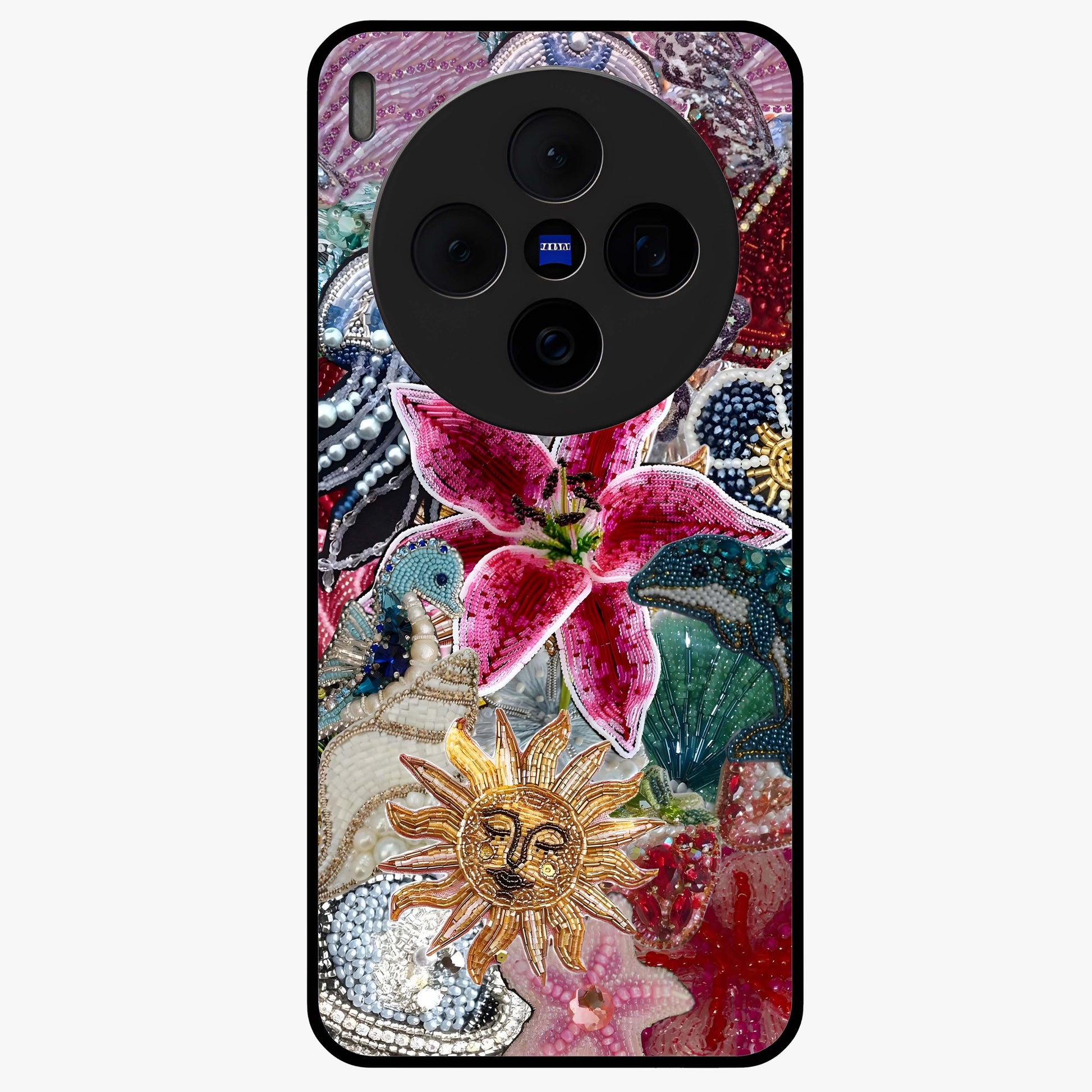 Beaded Garden Fantasy Glass Case showing flat back view with dreamy garden bead artwork and glossy glass finish.