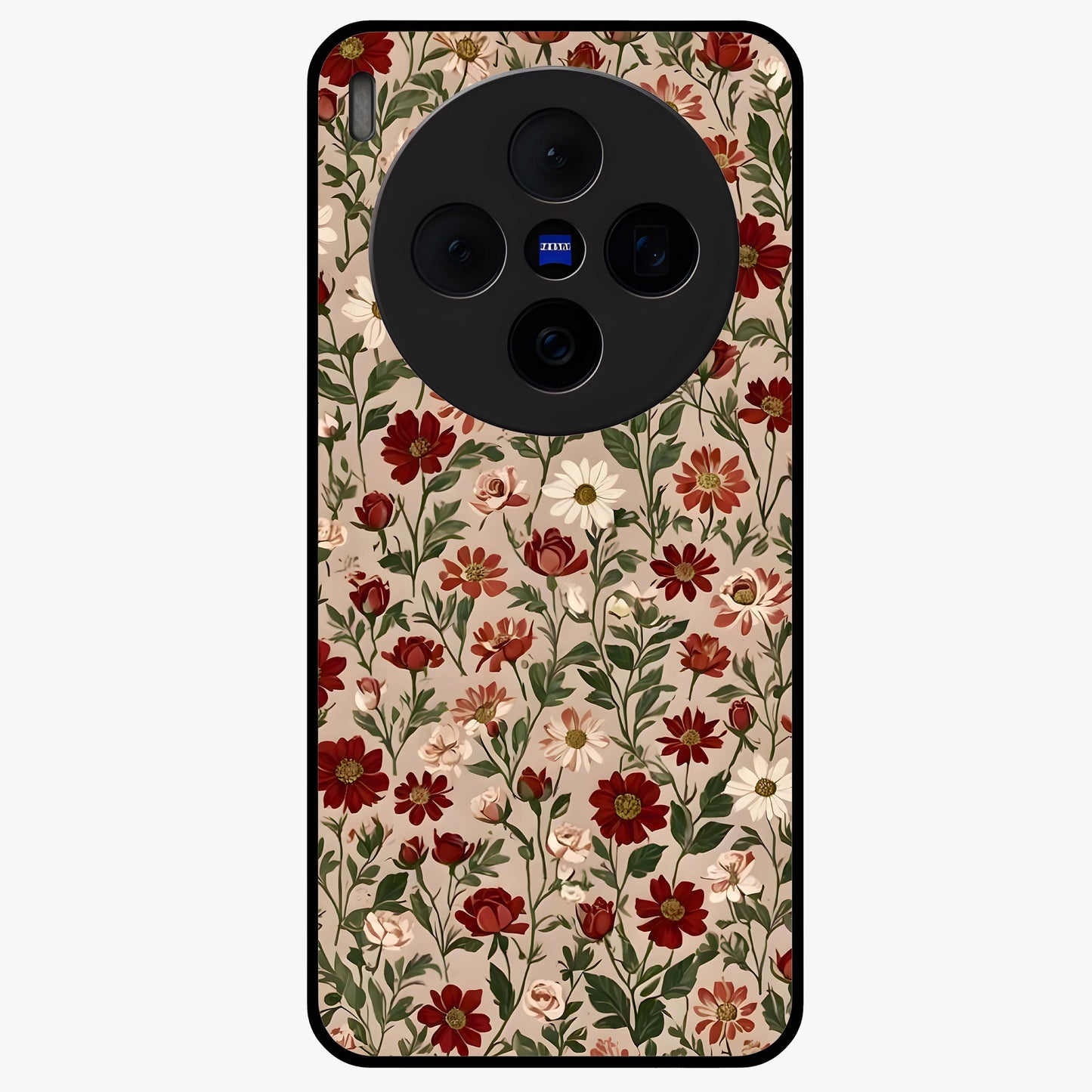 Biege Flower With Leaf Glass Case showing flat back view with soft beige floral artwork and glossy glass finish.