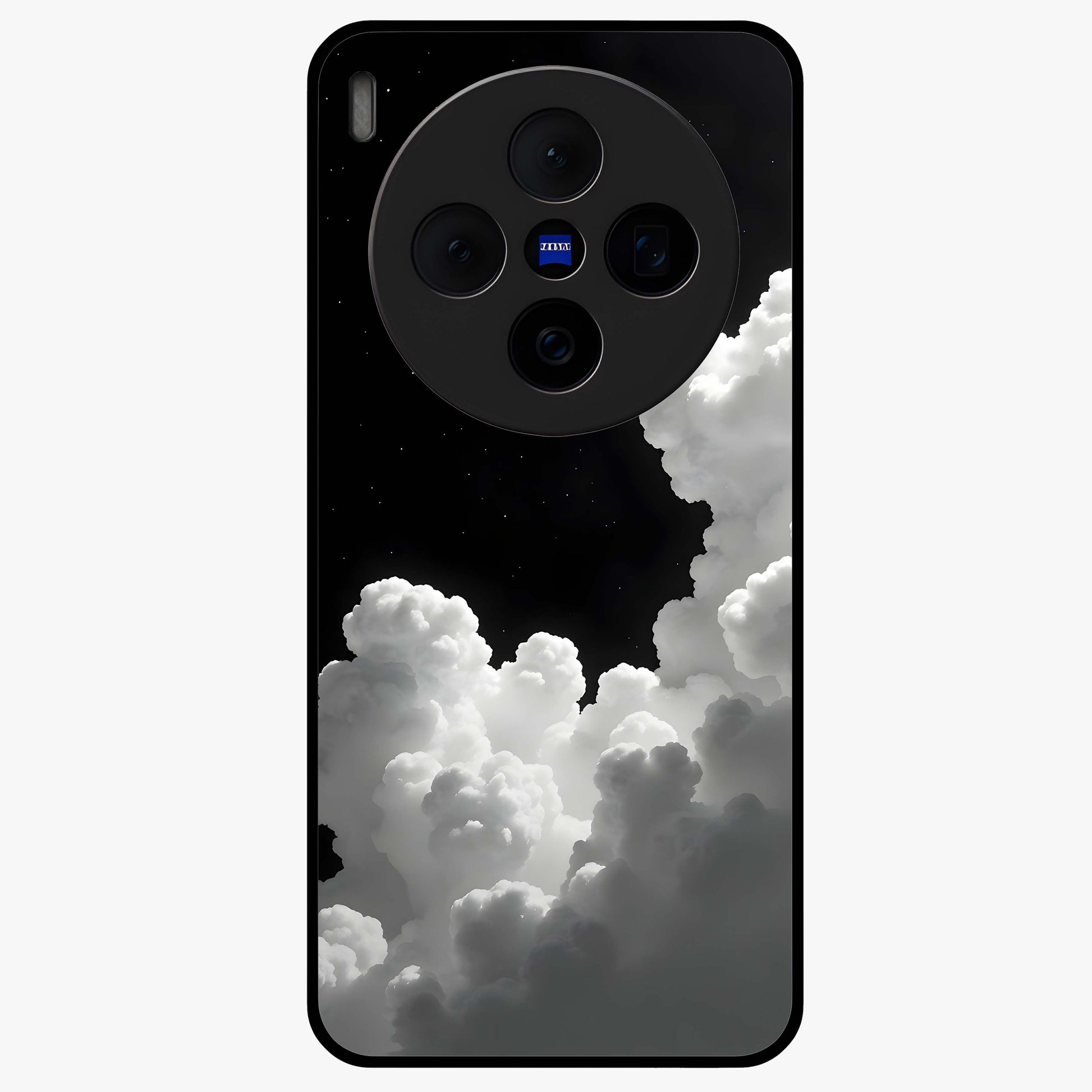 Black Background With White Cloud Glass Case showing flat back view with minimal cloud artwork on dark background and glossy glass finish.