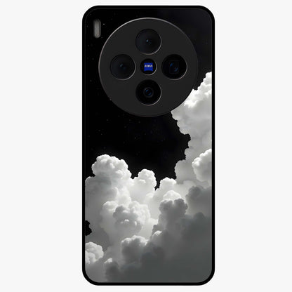 Black Background With White Cloud Glass Case showing flat back view with minimal cloud artwork on dark background and glossy glass finish.