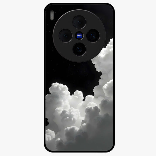 Black Background With White Cloud Glass Case showing flat back view with minimal cloud artwork on dark background and glossy glass finish.