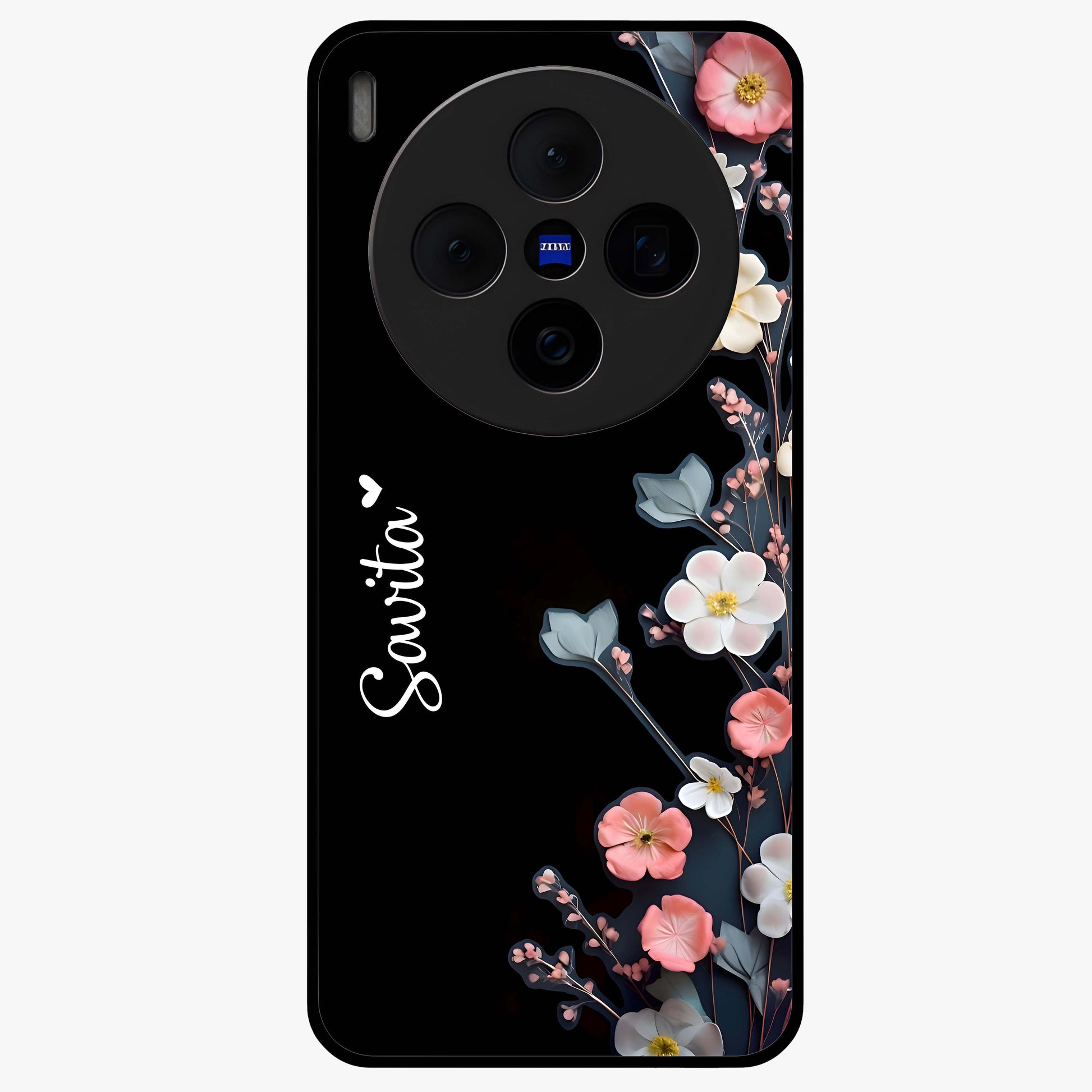 Black Elegance Floral Custom Name Glass Case showing flat back view with elegant floral artwork and personalized name design.