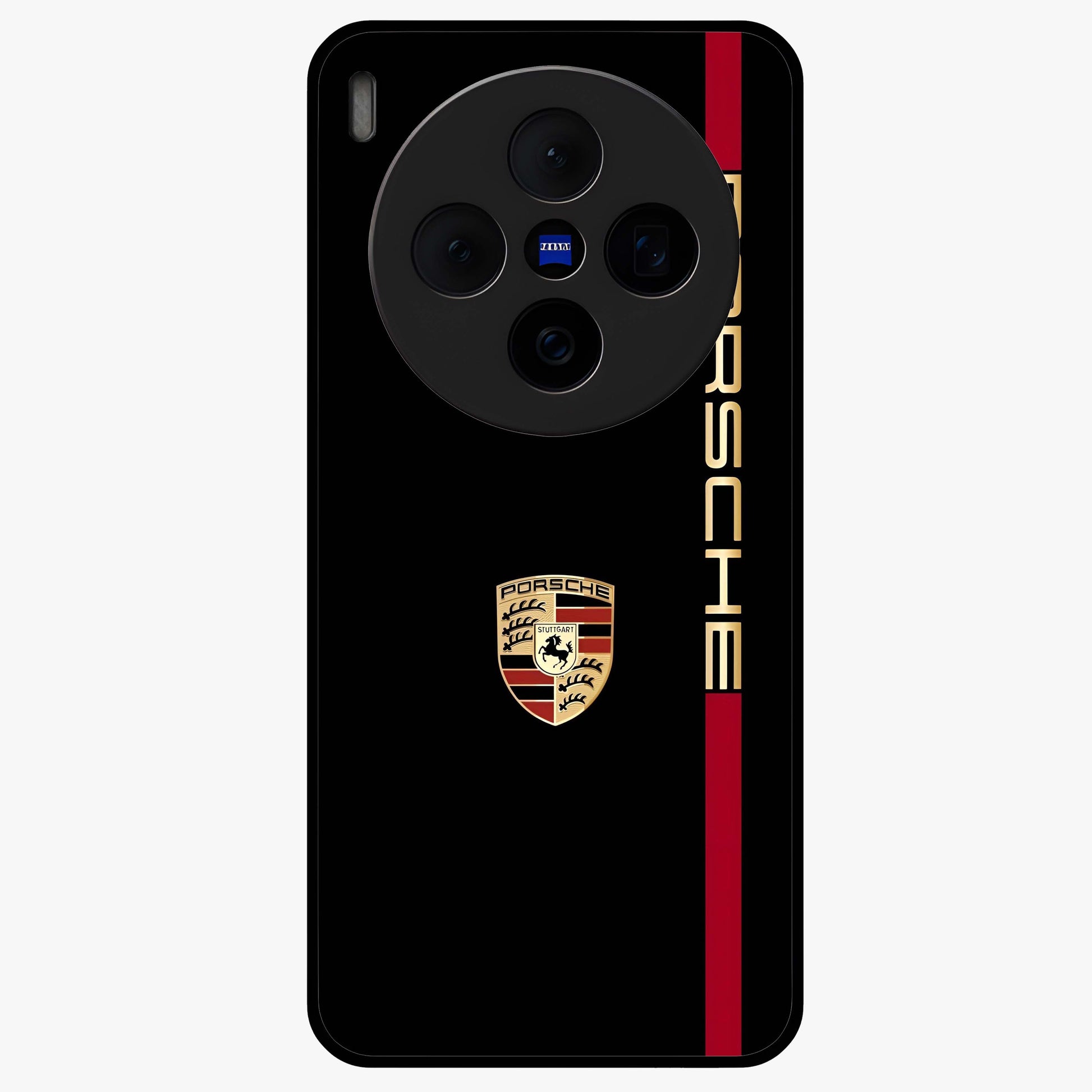Black Minimal Porsche Glass Case showing flat back view with sleek minimal sports car artwork and glossy glass finish.