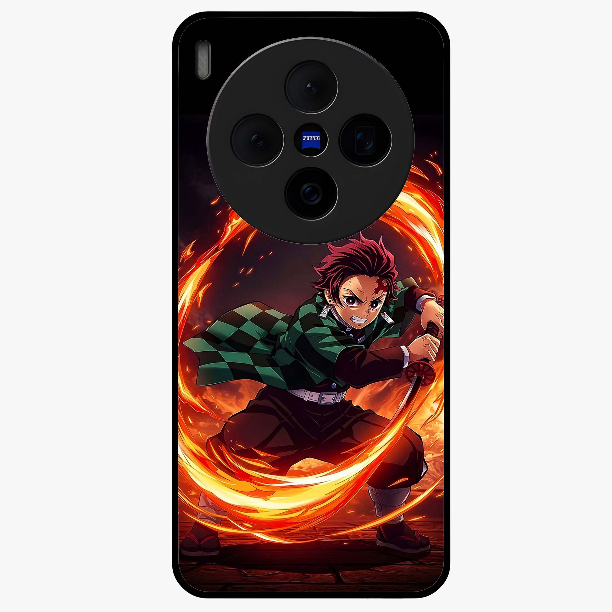 Blazing Sword Resolve Glass Case showing flat back view with fiery sword artwork and glossy glass finish.