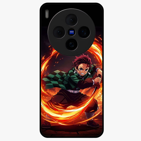 Blazing Sword Resolve Glass Case showing flat back view with fiery sword artwork and glossy glass finish.