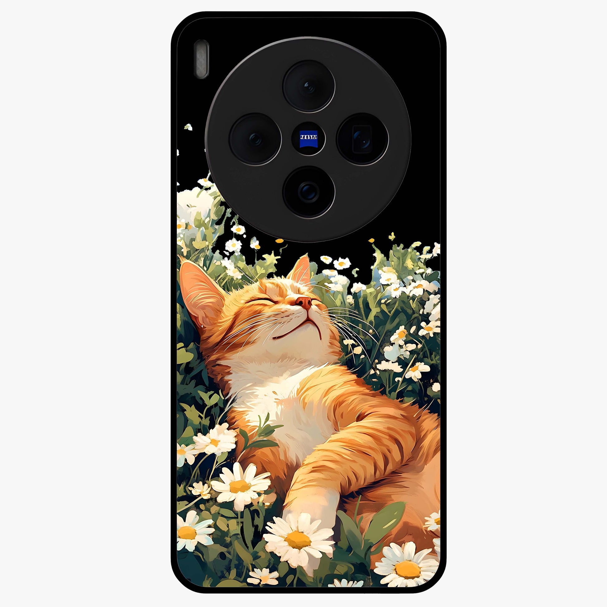 Blissful Bloom Cat Glass Case showing flat back view with cute cat and floral bloom artwork and glossy glass finish.