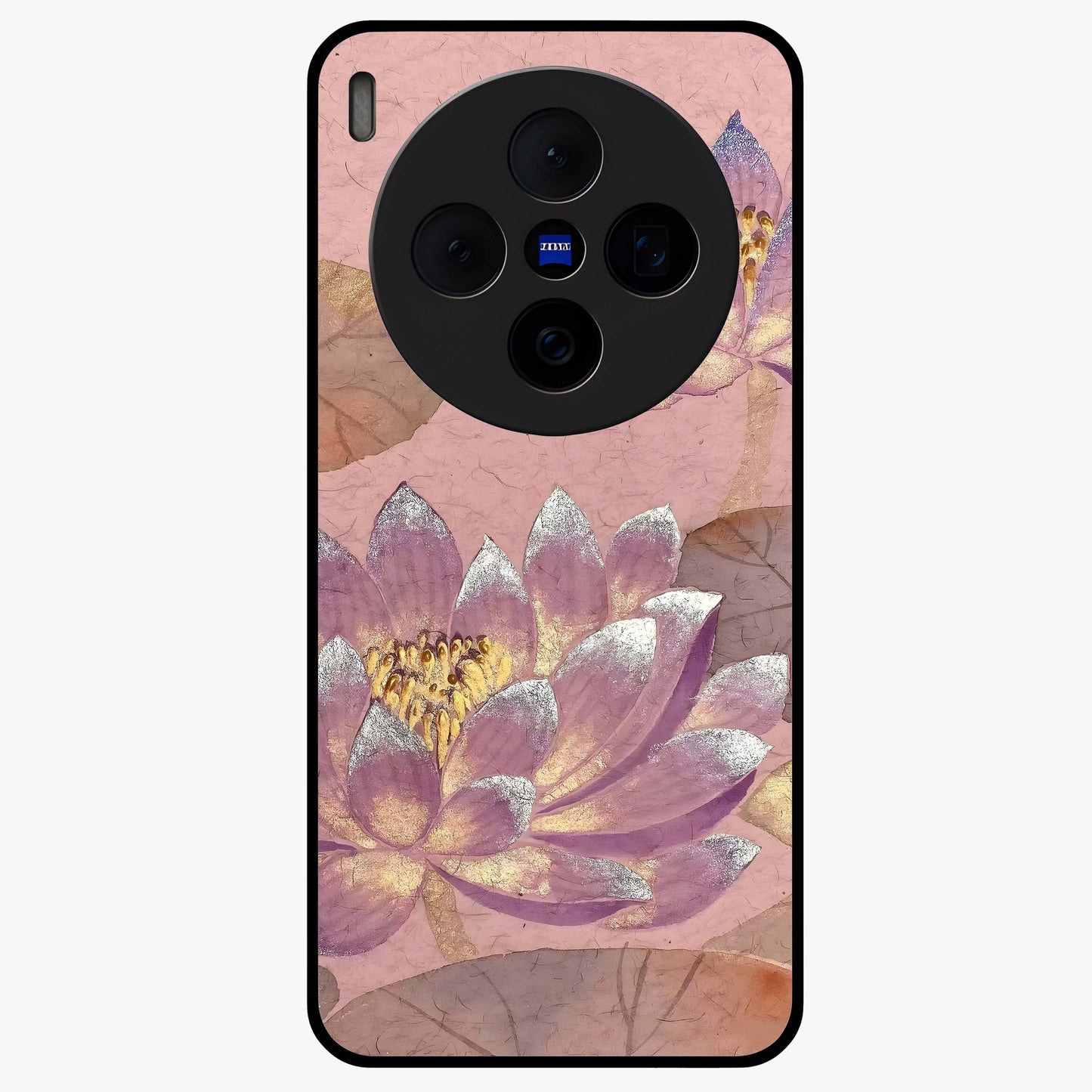 Blossom Mist Lotus Glass Case showing flat back view with serene lotus blossom artwork and glossy glass finish.