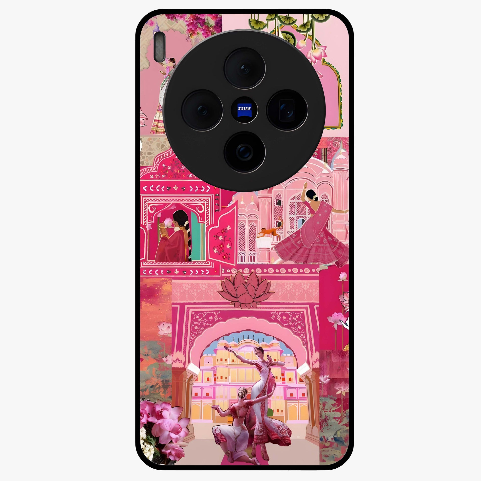 Blossoms of Rajasthan Glass Case showing flat back view with traditional floral artwork inspired by Rajasthan and glossy glass finish.