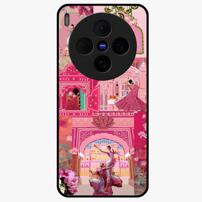 Blossoms of Rajasthan Glass Case showing flat back view with traditional floral artwork inspired by Rajasthan and glossy glass finish.