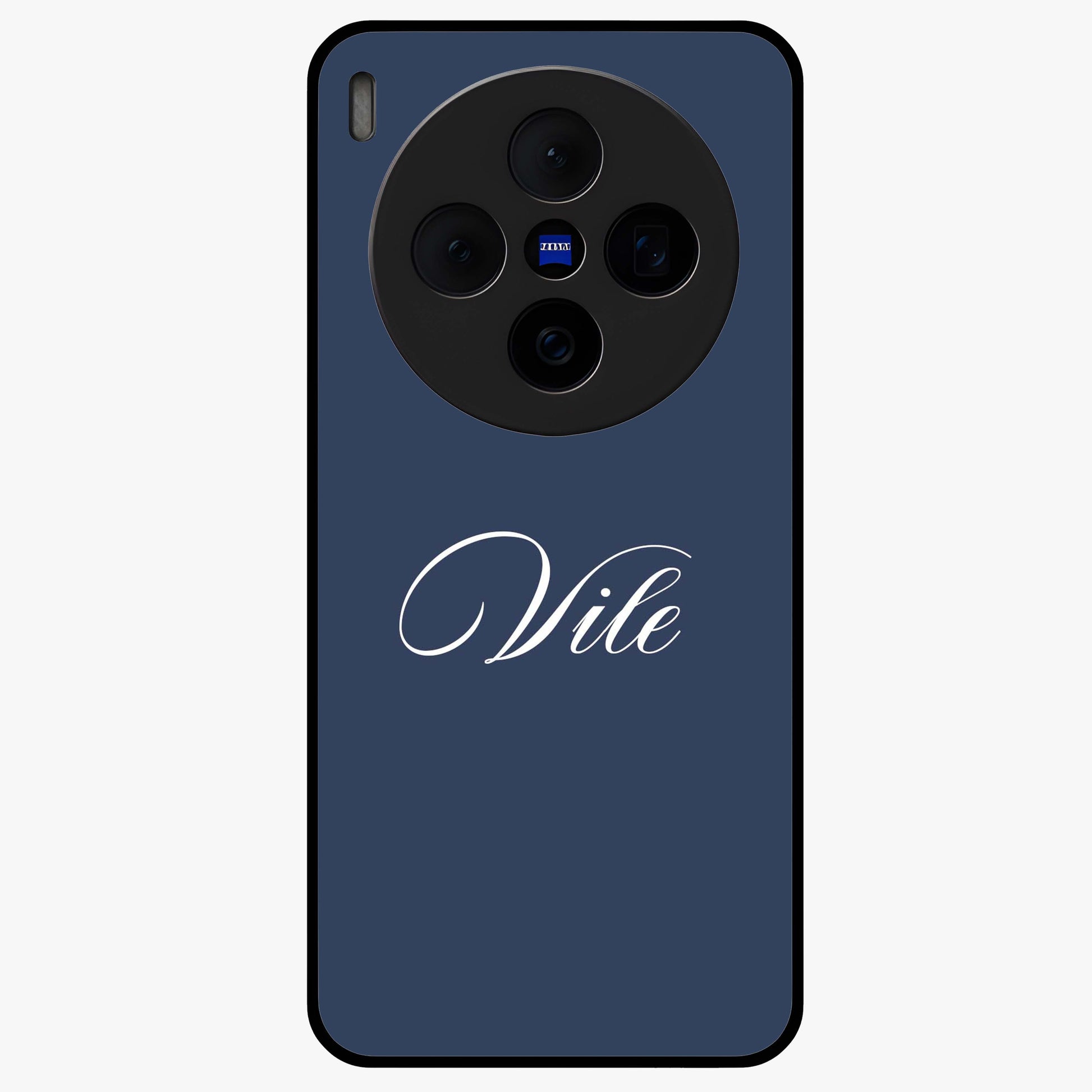 Blue Background Personalized Custom Name Glass Case showing flat back view with minimal blue background and custom name design.