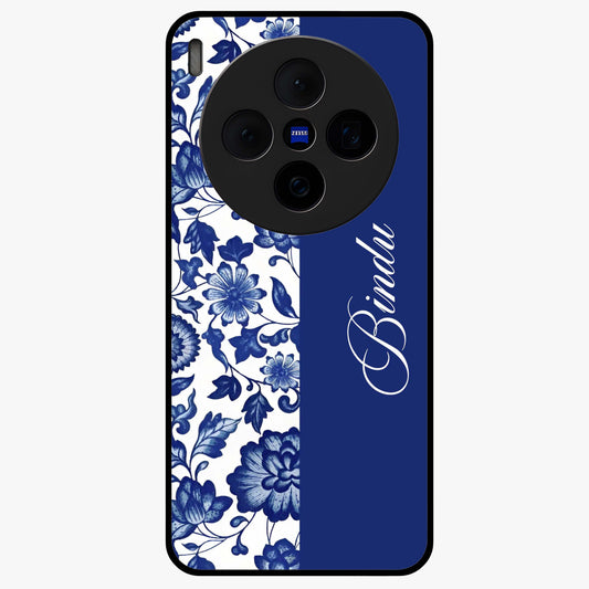 Blue Vintage Floral Pattern Glass Case upright view showcasing timeless floral illustration with vintage inspired style.