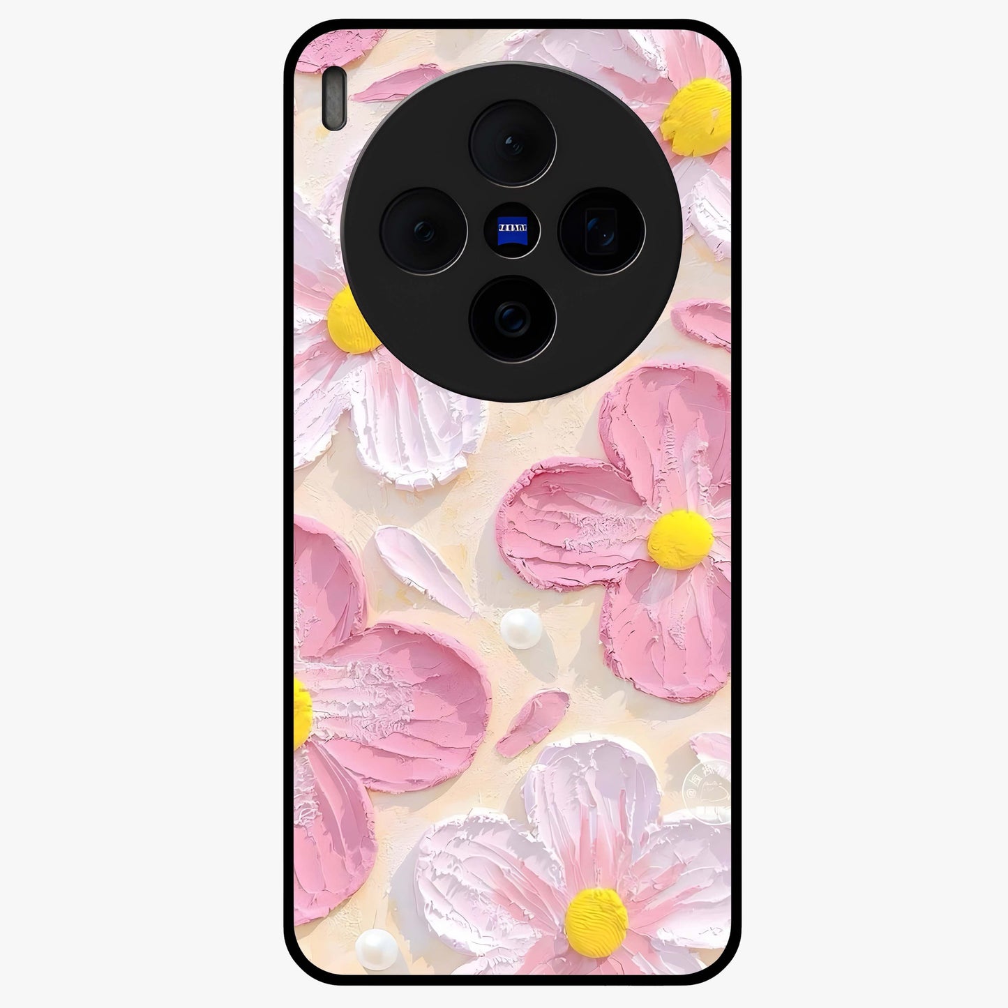 Blush Bloom Texture Glass Case showing flat back view with soft blush floral texture artwork and glossy glass finish.