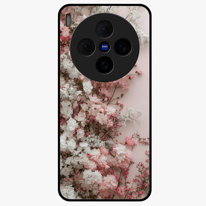 Blush Blossom Cloud Glass Case showing flat back view with dreamy blush cloud blossom artwork and glossy glass finish.