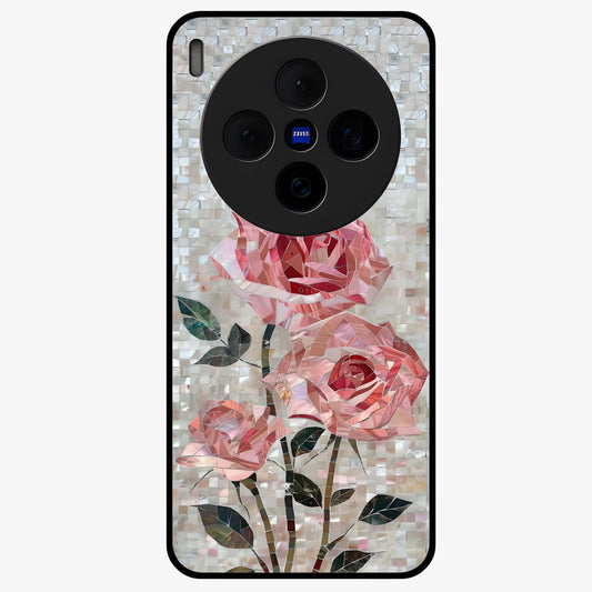 Blush Mosaic Bloom Glass Case showing flat back view with mosaic floral bloom artwork and glossy glass finish.