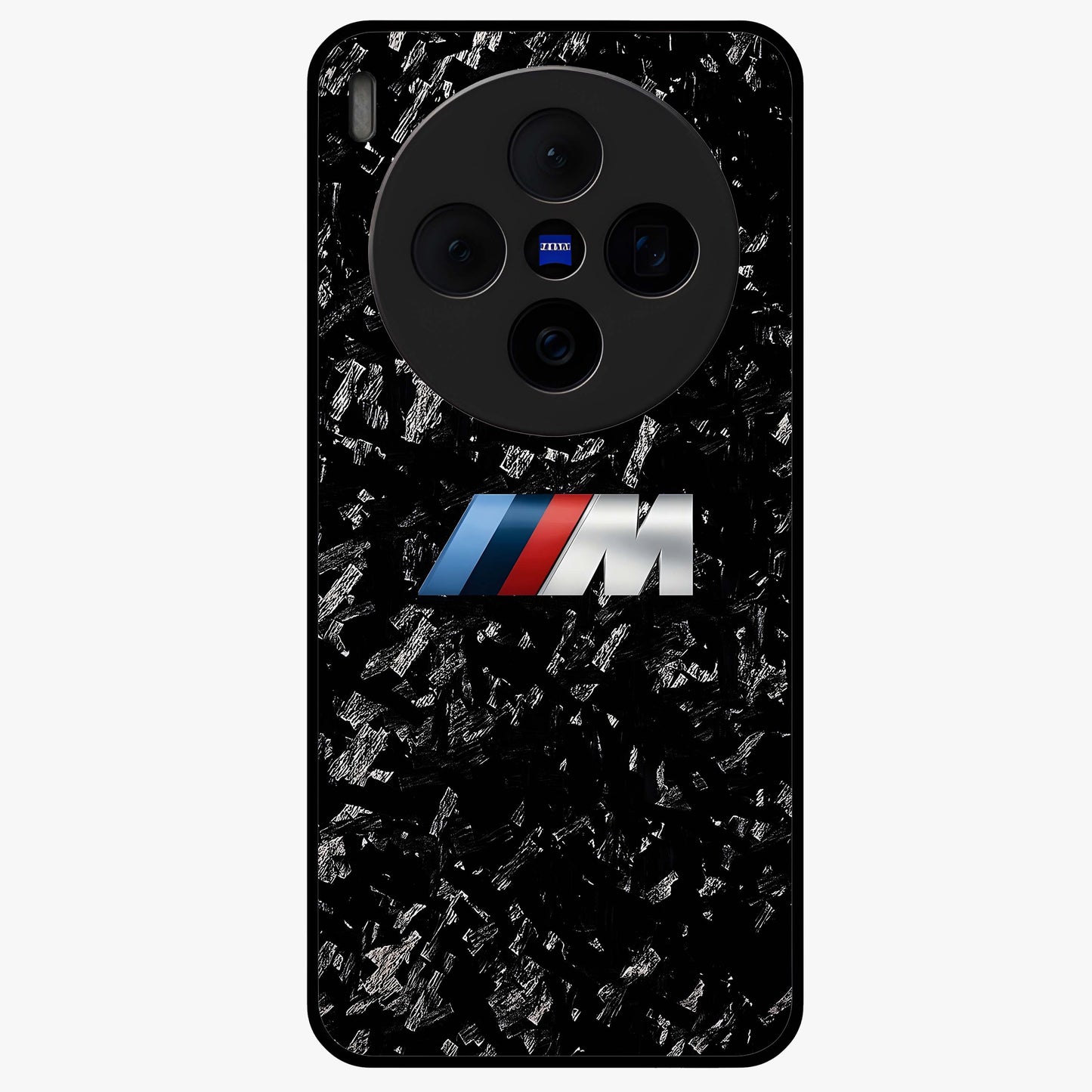 Carbon Speed Mark Glass Case showing flat back view with sporty carbon pattern artwork and glossy glass finish.