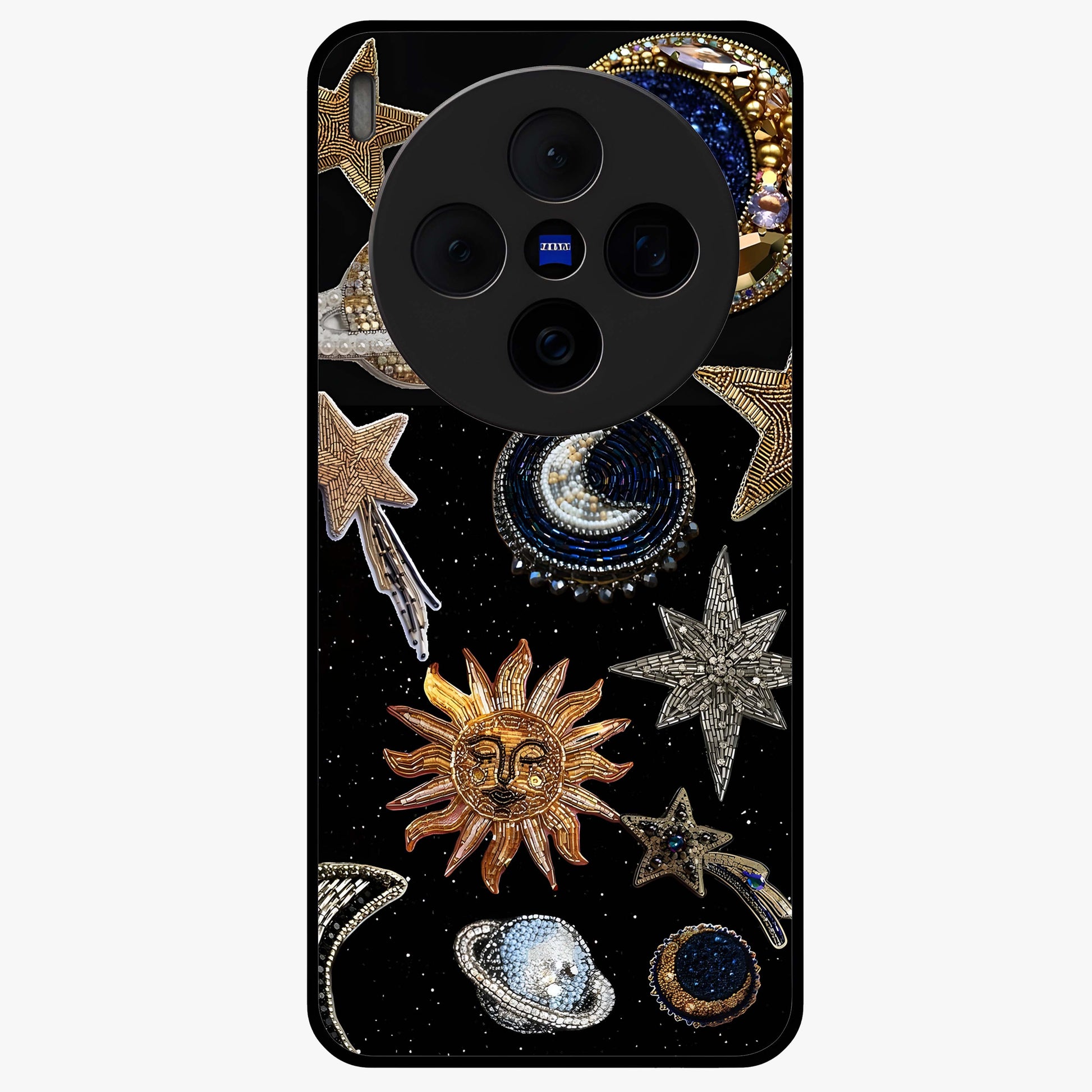 Celestial Gem Constellations Glass Case showing flat back view with sparkling constellation artwork and glossy glass finish.