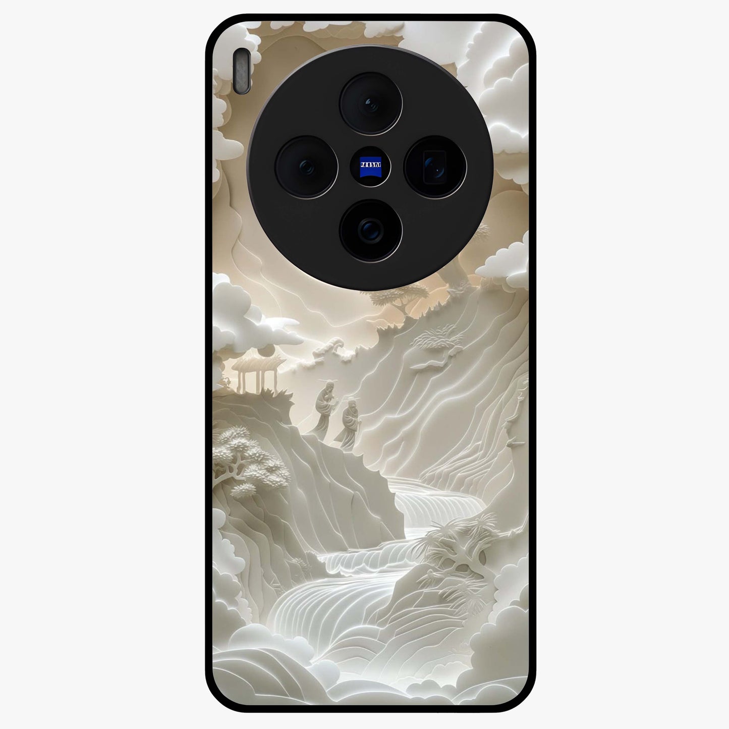 Celestial Origami Glass Case showing flat back view with artistic origami inspired celestial artwork and glossy glass finish.