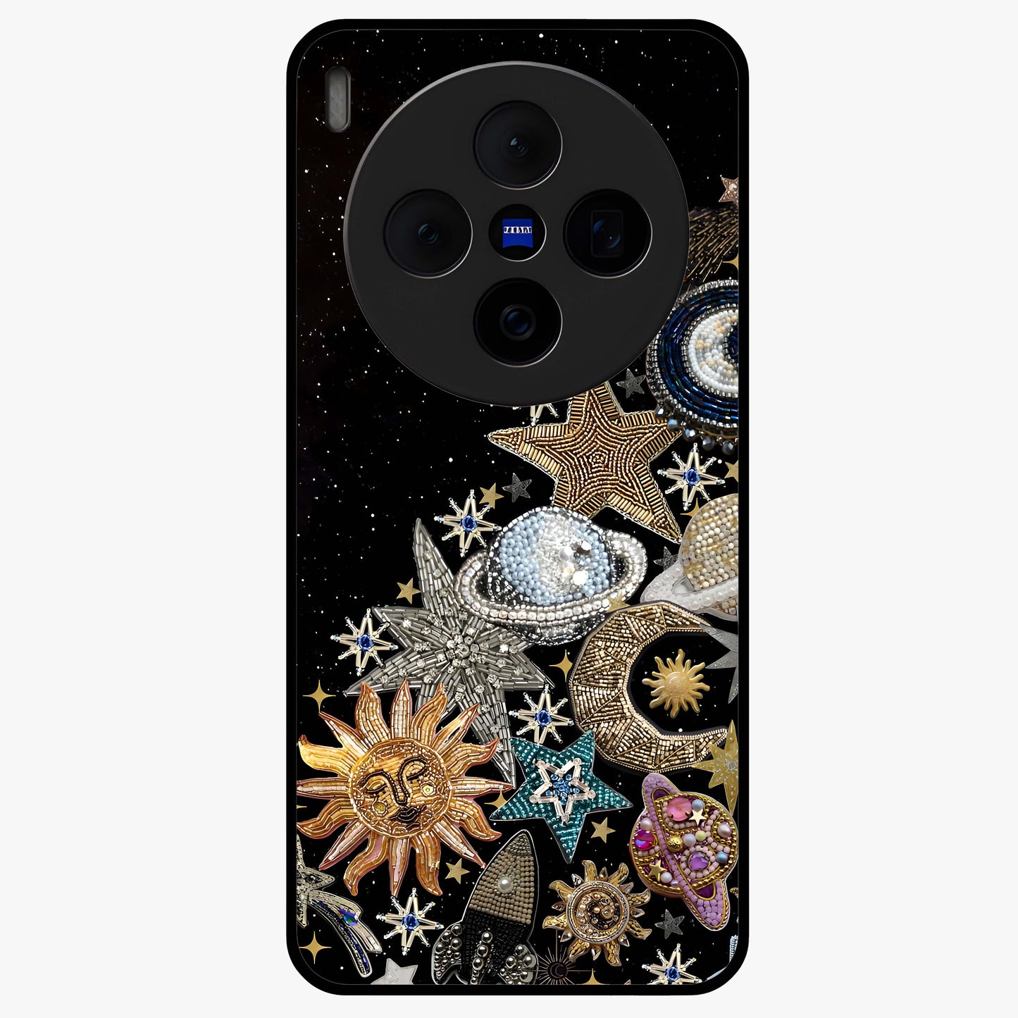 Cosmic Sparkle Dreams Glass Case showing flat back view with sparkling cosmic artwork and glossy glass finish.