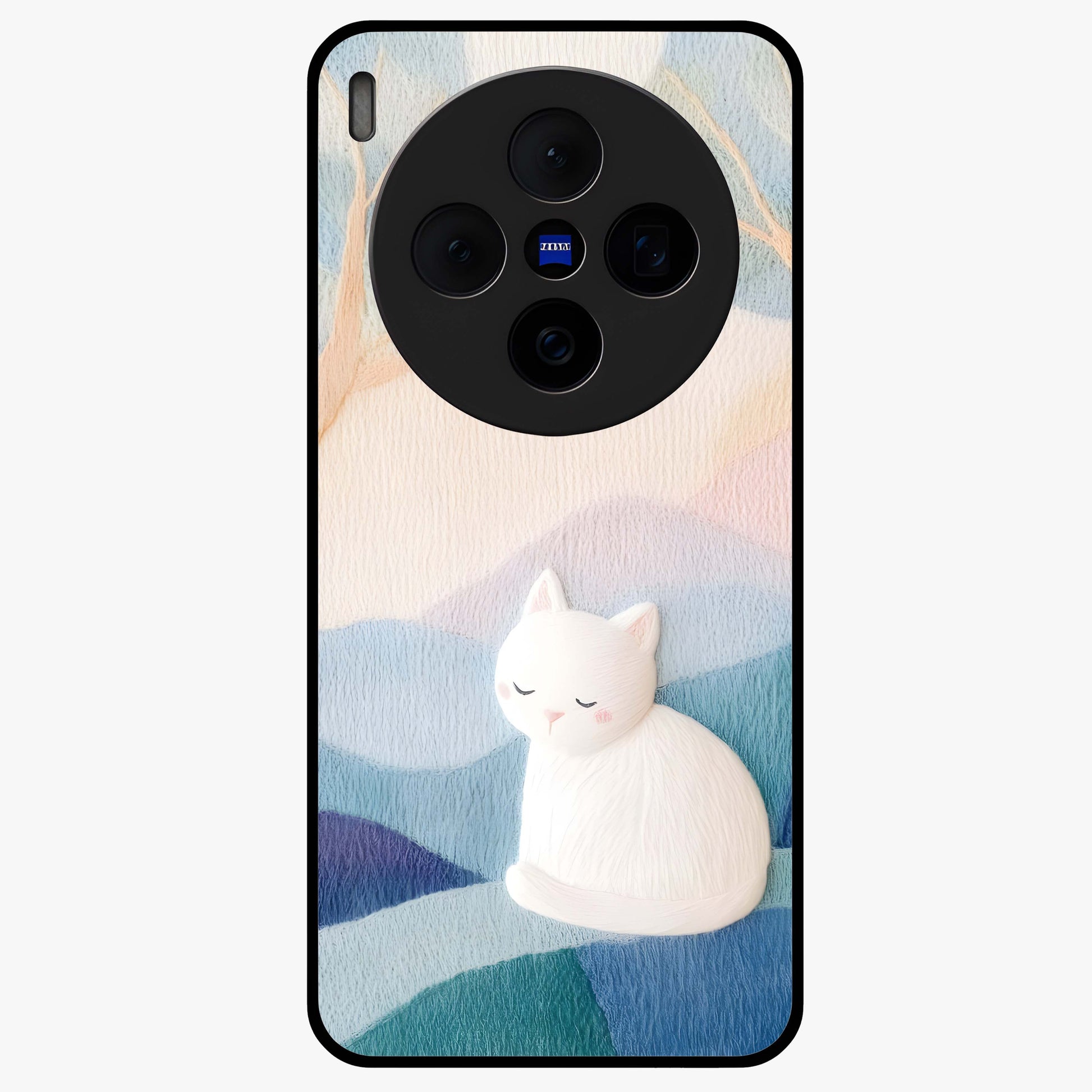 Cotton Dream Cat Glass Case showing flat back view with soft dreamy cat artwork and glossy glass finish.