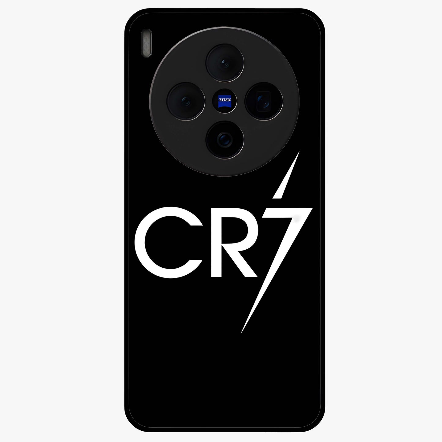 Cr7 Elite Strike Glass Case showing flat back view with dynamic football inspired artwork and glossy glass finish.
