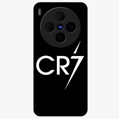 Cr7 Elite Strike Glass Case showing flat back view with dynamic football inspired artwork and glossy glass finish.
