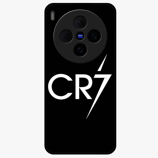 Cr7 Elite Strike Glass Case showing flat back view with dynamic football inspired artwork and glossy glass finish.