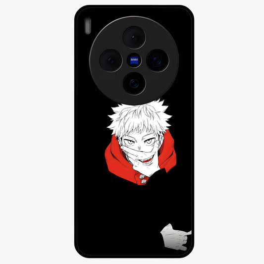 Crimson Chaos Smile Glass Case showing flat back view with bold chaotic smile artwork and glossy glass finish.