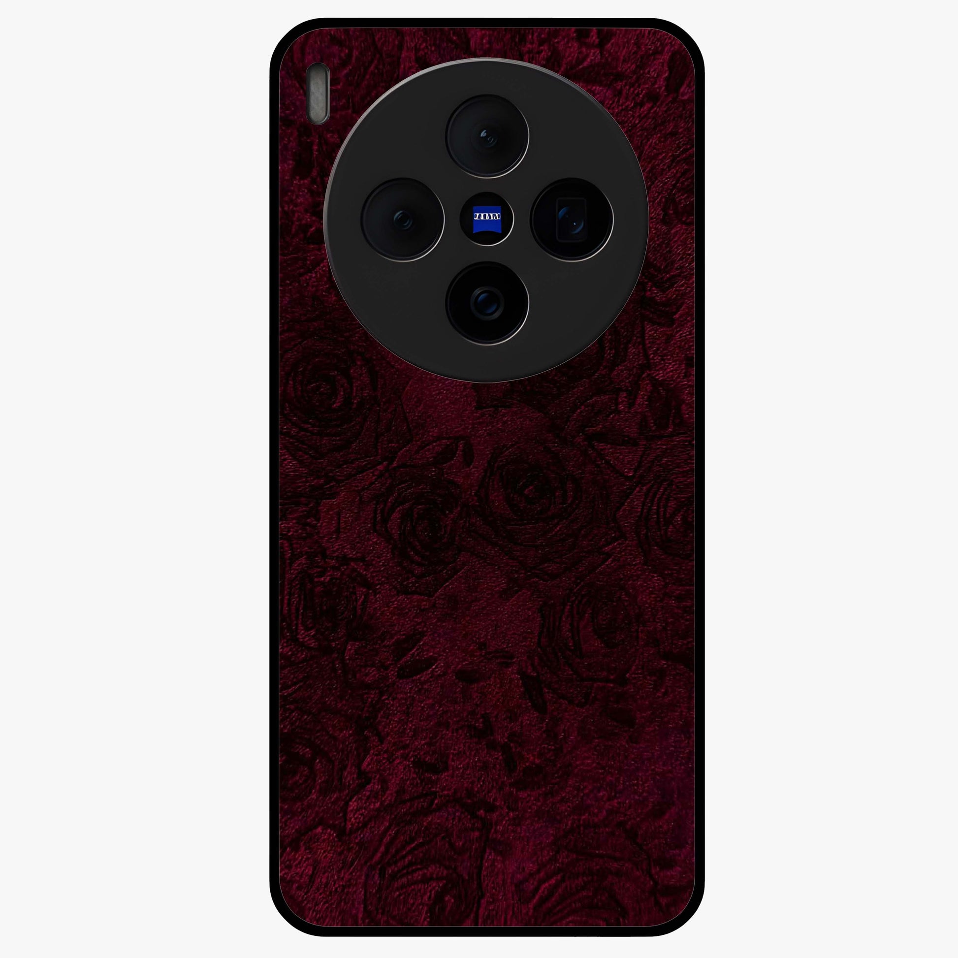 Crimson Fade Flow Glass Case showing flat back view with flowing crimson gradient artwork and glossy glass finish.