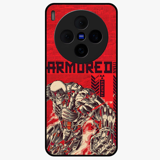 Crimson Mecha Titan Glass Case showing flat back view with powerful mech titan artwork and glossy glass finish.