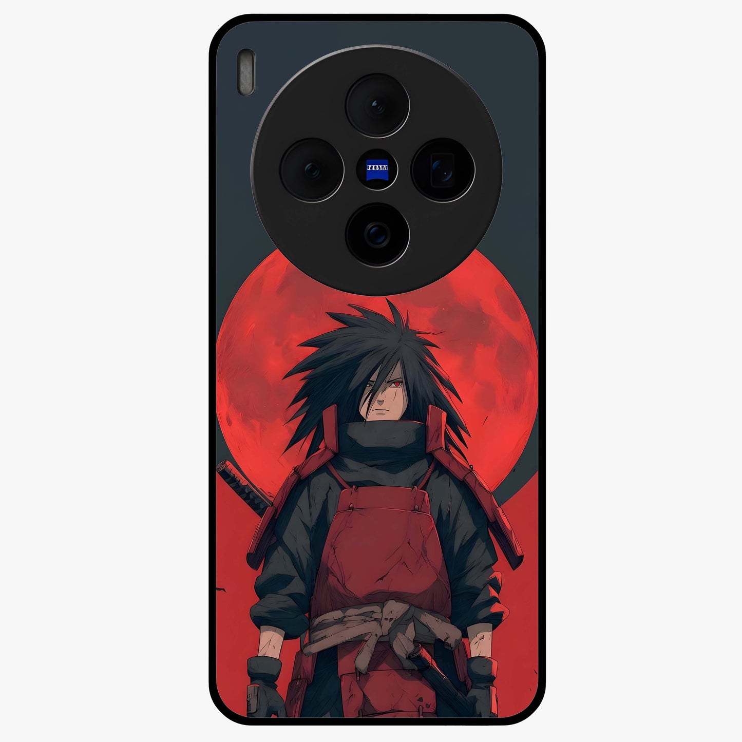 Crimson Moon Warlord Glass Case showing flat back view with mystical moon warrior artwork and glossy glass finish.
