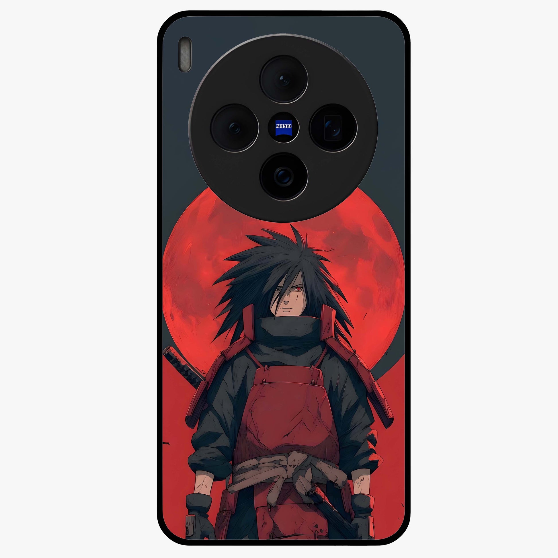 Crimson Moon Warlord Glass Case showing flat back view with mystical moon warrior artwork and glossy glass finish.