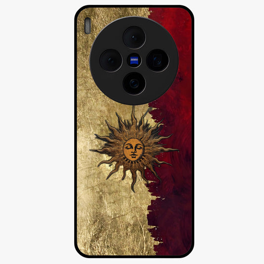 Crimson Sun Majesty Glass Case showing flat back view with radiant sun inspired artwork and glossy glass finish.