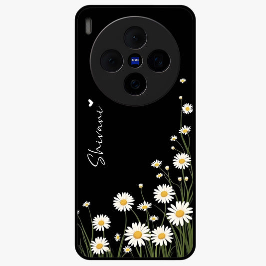Daisy Cascade Custom Name Glass Case showing flat back view with cascading daisy flowers and personalized name design.
