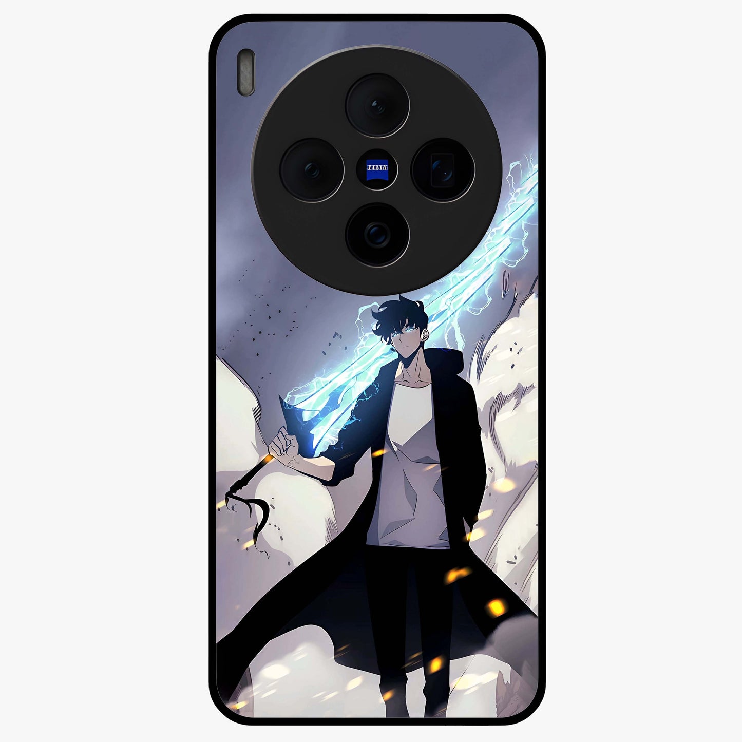 Dark Lightning Anime Warrior Glass Case showing flat back view with intense anime warrior artwork and glossy glass finish.
