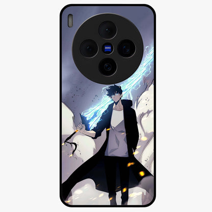 Dark Lightning Anime Warrior Glass Case showing flat back view with intense anime warrior artwork and glossy glass finish.