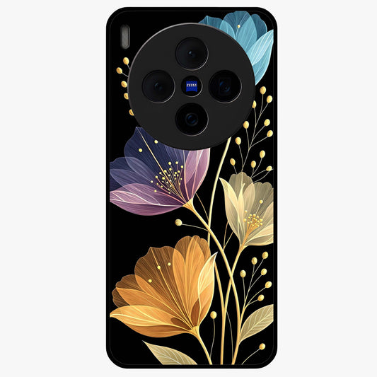 Delicate Multicolor Flowers Glass Case showing flat back view with vibrant floral artwork and glossy glass finish.