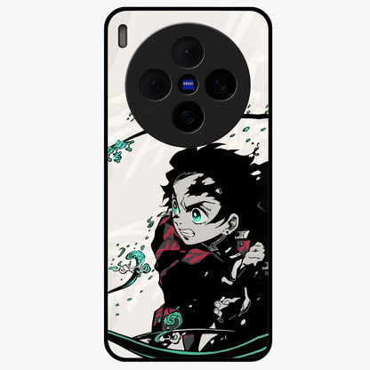 Demon Slayer Glass Case showing flat back view with bold anime inspired artwork and glossy glass finish.