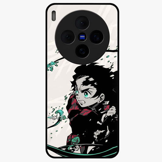 Demon Slayer Glass Case showing flat back view with bold anime inspired artwork and glossy glass finish.