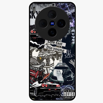 Die Young Glass Case showing flat back view with bold artistic typography design and glossy glass finish.