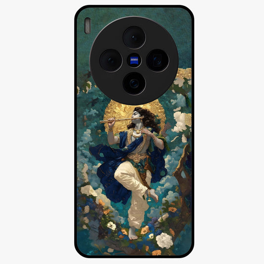 Divine Krishna Art Glass Case showing flat back view with Lord Krishna artwork and glossy glass finish.