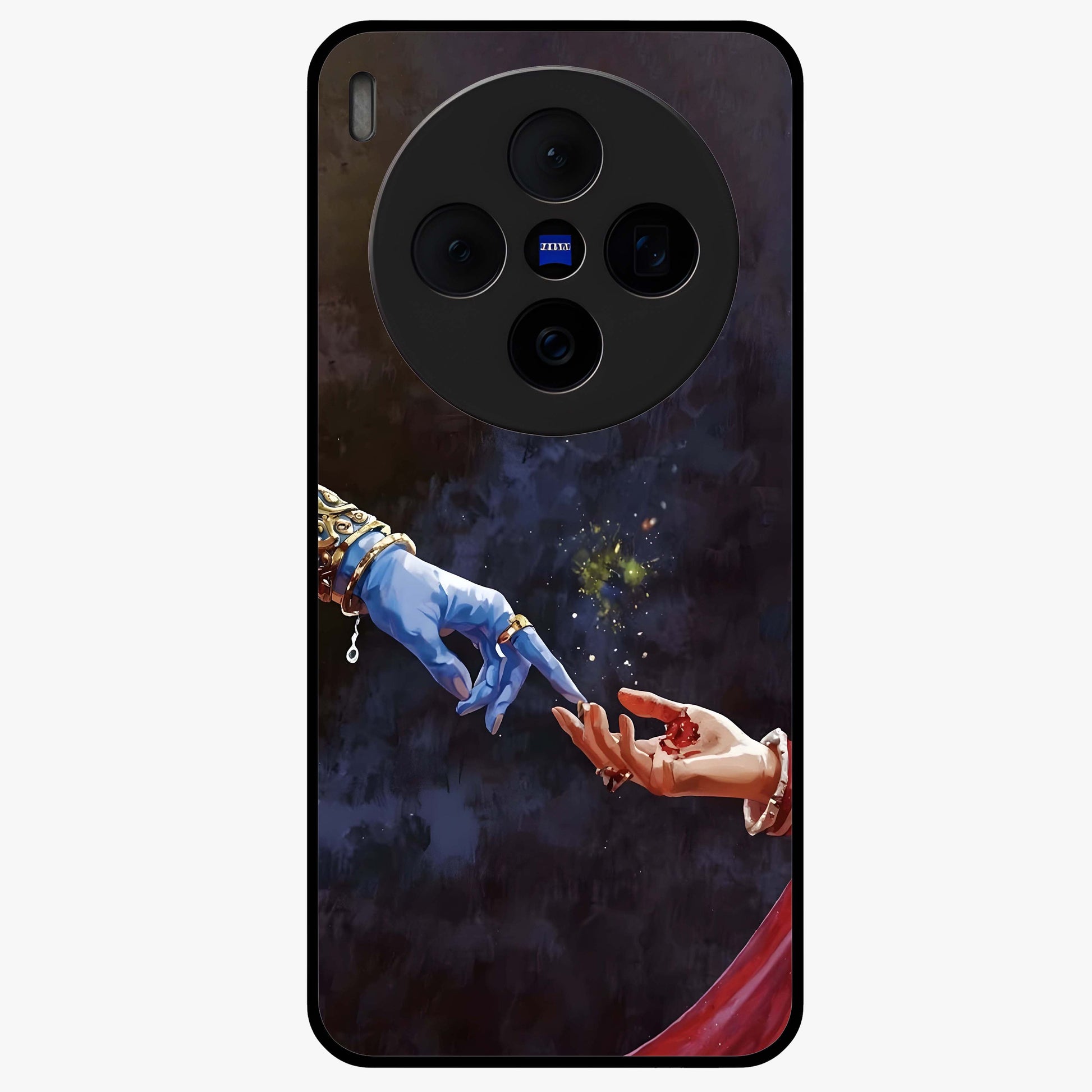 Divine Touch Eternal Glass Case showing flat back view with spiritual themed artwork and glossy glass finish.