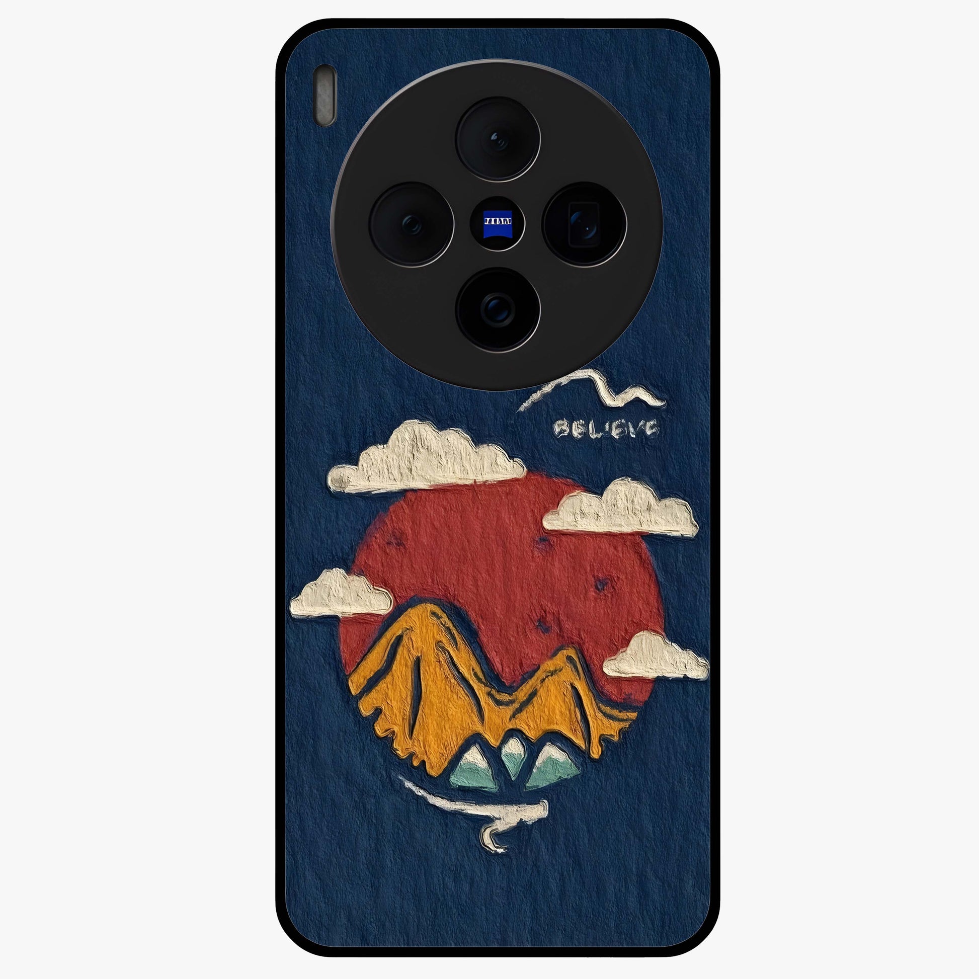 Dream Beyond Mountains Glass Case showing flat back view with scenic mountain landscape artwork and glossy glass finish.