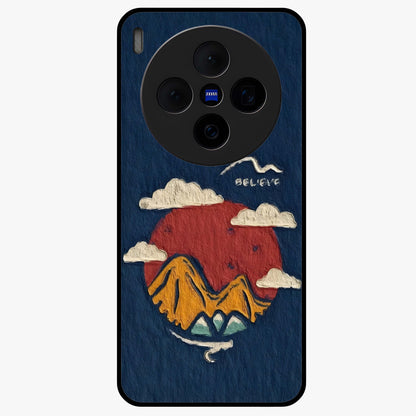 Dream Beyond Mountains Glass Case showing flat back view with scenic mountain landscape artwork and glossy glass finish.