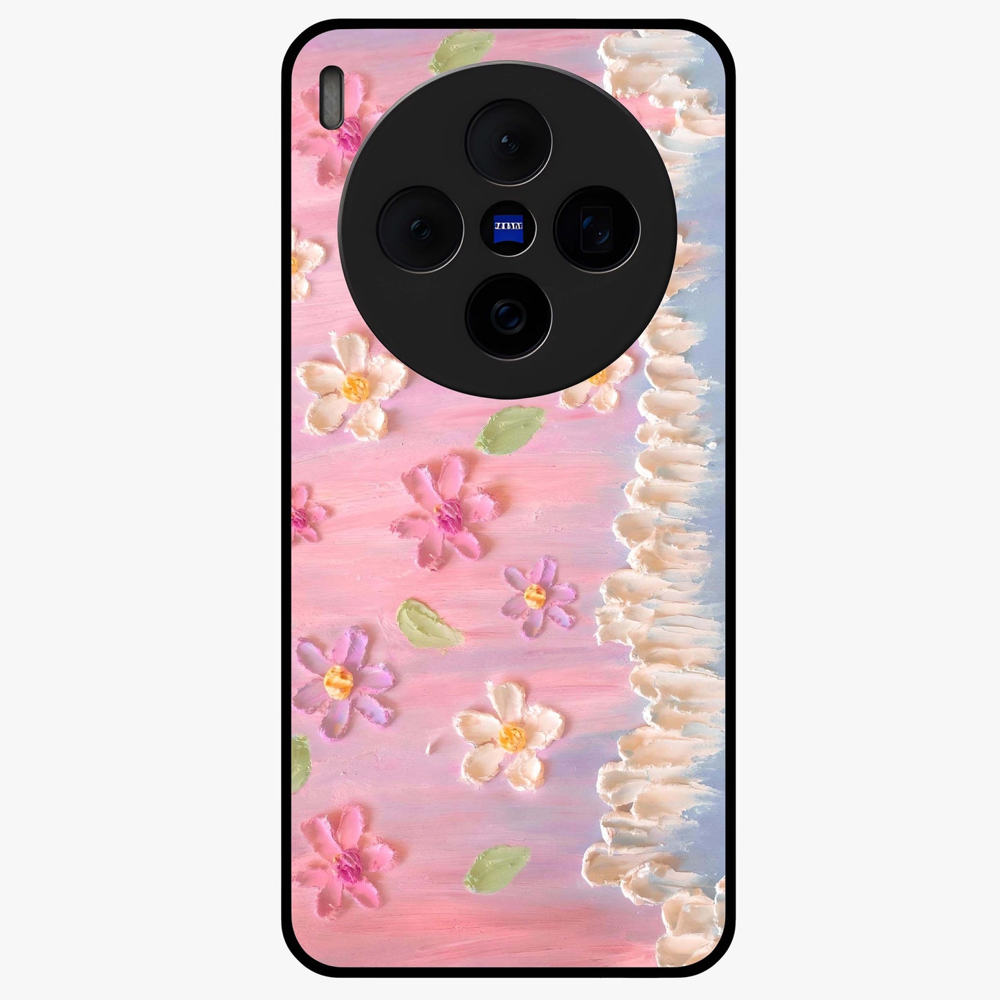 Dreamy Painted Garden Glass Case showing flat back view with artistic painted floral garden artwork and glossy glass finish.