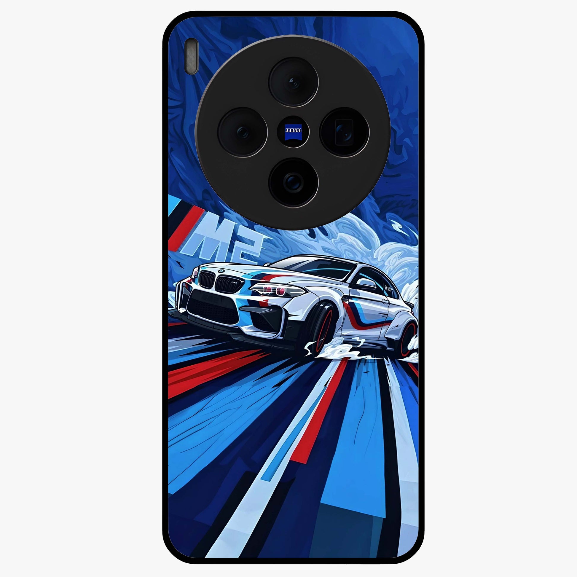 Drift Power Rush Glass Case showing flat back view with dynamic racing inspired artwork and glossy glass finish.