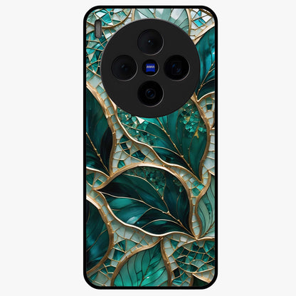 Emerald Leaf Glass Glass Case showing flat back view with emerald green leaf artwork and glossy glass finish.