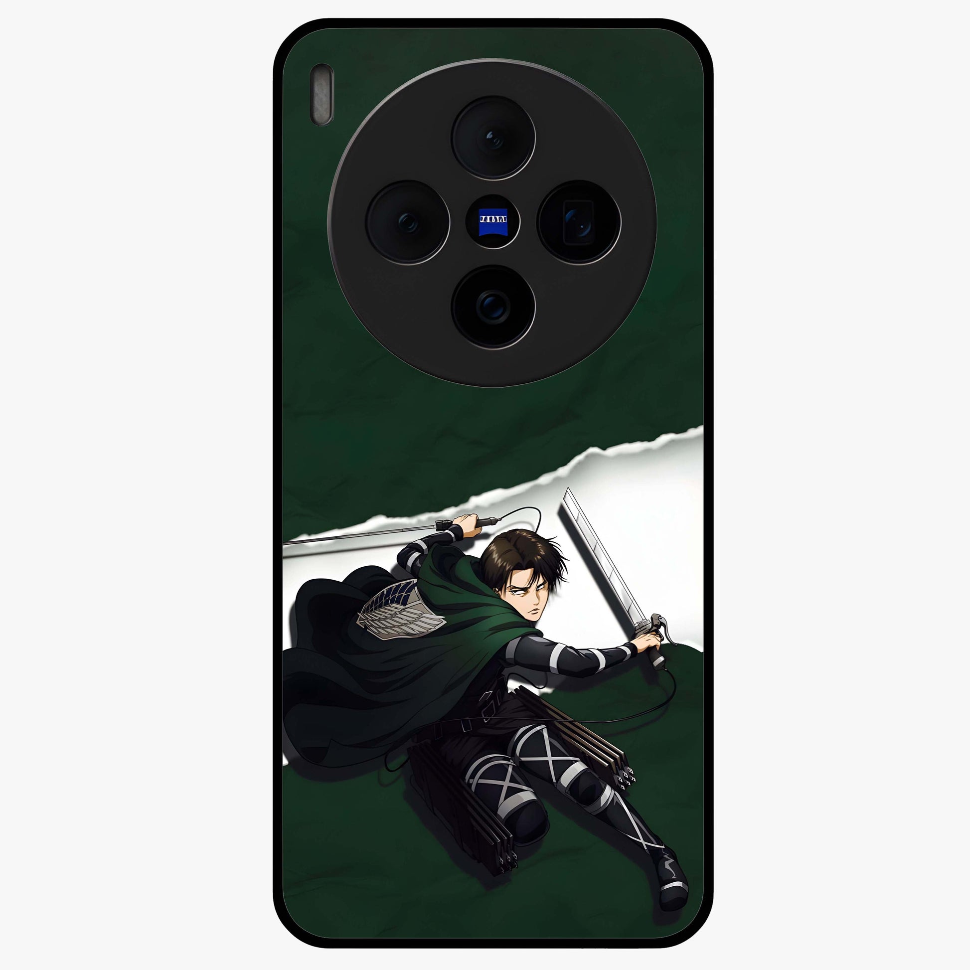 Emerald War Vanguard Glass Case showing flat back view with powerful warrior themed artwork and glossy glass finish.