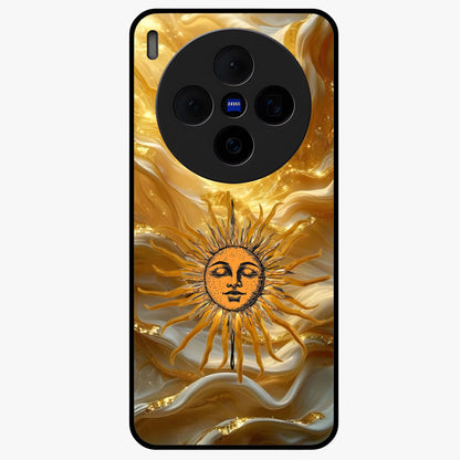 Eternal Golden Glow Glass Case showing flat back view with radiant golden themed artwork and glossy glass finish.